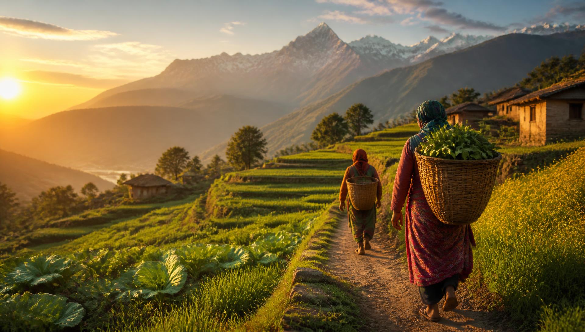 Terraced farmland in Nepal at sunrise with farmers carrying harvest baskets