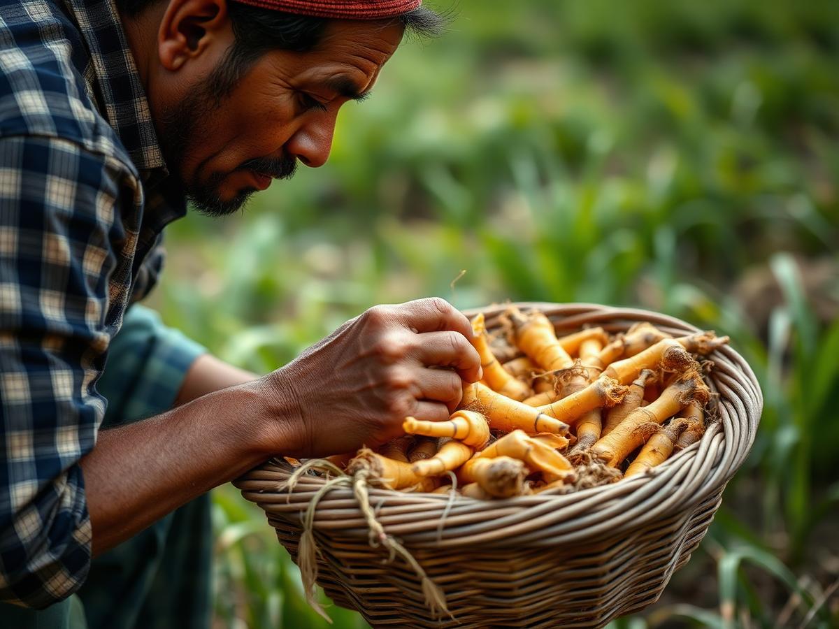 Nepali farmer inspecting freshly harvested turmeric in a basket