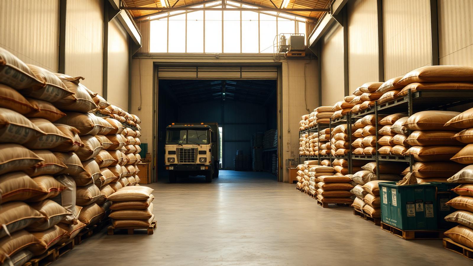 Warehouse stacked with sacks of agricultural produce beside a loading truck