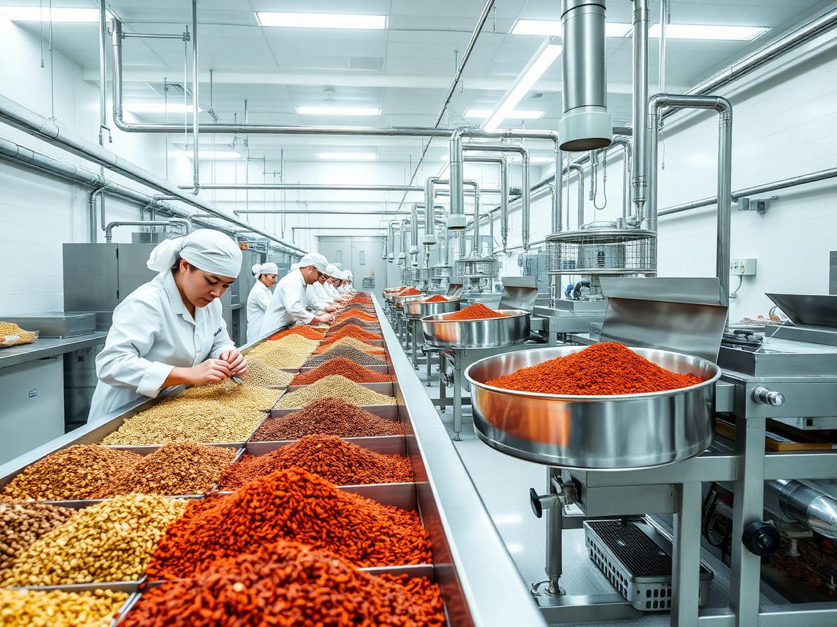Workers sorting and packaging spices in a processing facility